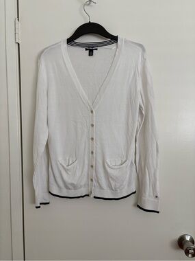 Tommy Hilfiger White V-Neck Button Cardigan with Navy Trim